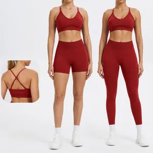 Women Seamless Yoga Set Slim Fit Quick Dry Fitness Top And Bottom Set Sports Bra High Waist Shorts Leggings Gym Outfit