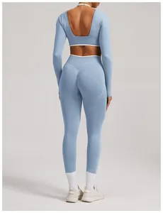 Back view of a light blue seamless yoga set with long sleeves and open back design.