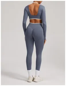 Detail view of the premium seamless long-sleeve yoga set with stylish open back design