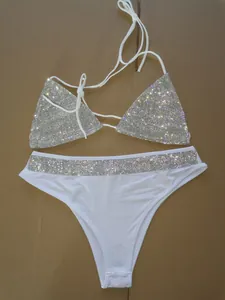 Full layout view of white two-piece bikini set featuring sparkling rhinestone details.
