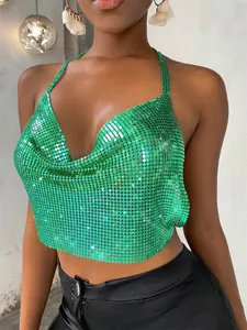 Detailed view of sexy green metallic sequin halter crop top for women party wear