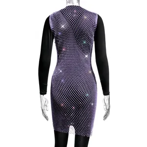 Sparkly purple rhinestone fishnet mesh dress shown on a mannequin back view for party wear