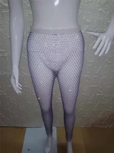 Leggings sexys de rejilla color lavanda con pedrería para fiestas