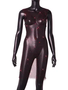Detailed view of shimmering red rhinestones on a black fishnet mesh mini dress for women