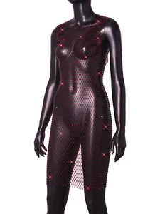 Detailed view of black fishnet mini dress with sparkling red rhinestones on mannequin