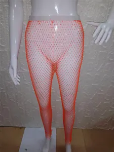 Leggings sexys de rejilla naranja con diamantes de imitación para espectáculos
