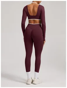 Detailed back view of a burgundy seamless long-sleeved yoga set with open back design
