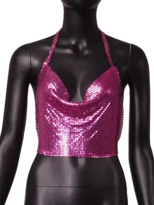 Close-up detail of a sexy pink metallic sequin halter crop top featuring a draped neckline