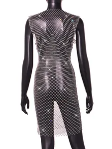 Back view detail of sparkling rhinestone fishnet dress on black mannequin