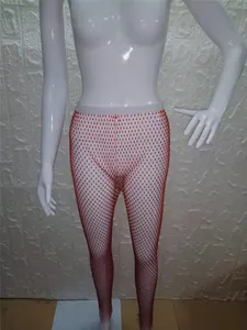 Leggings de red rojos sexys con diamantes de imitación brillantes para escenario