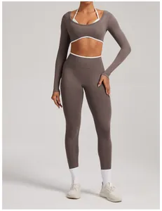 Detail view of seamless long sleeve yoga set in taupe on fit model