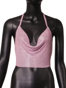 Sexy pink metal mesh sequin halter top shown on a black mannequin, detailed view.