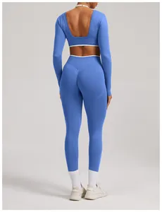 Detailed back view of a seamless blue long-sleeved yoga set with open back design