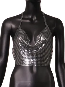 Close-up of sexy silver metallic sequin halter crop top displayed on a black mannequin