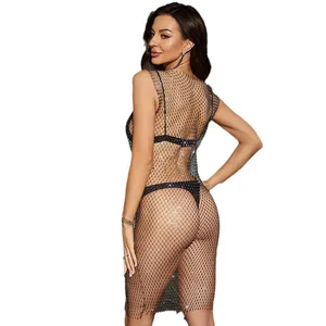 Sexy black rhinestone fishnet mini dress for women featuring sparkling mesh detailing