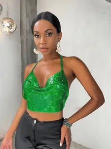 Detailed view of sexy green metallic sequin halter crop top for women party wear