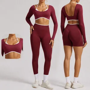 Women Seamless Yoga Set Contrast Piping Long Sleeve Gym Sportswear Fitness Suit Workout Top And Bottom Running Outfits