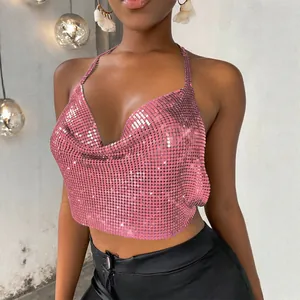 Sexy pink metallic sequin halter top for women, sparkly backless clubwear party crop top