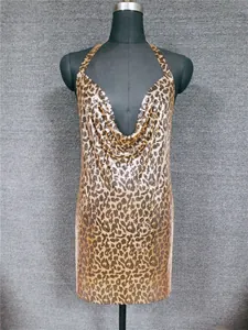 Detail of sexy leopard print gold metal sequin halter neck mini dress for nightclub party