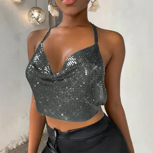 Sexy metallic silver sequin halter crop top featuring a shimmering chainmail texture