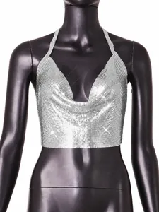 Detailed view of a shiny silver metallic sequin halter top displayed on a mannequin