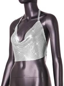 Detail of sexy silver metallic sequin halter crop top for nightclub and party outfits.