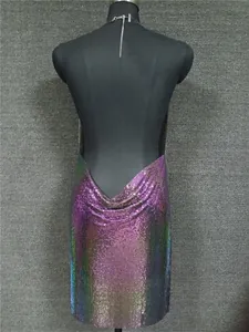 Back view detail showing the sexy purple iridescent sequin metal chainmail dress