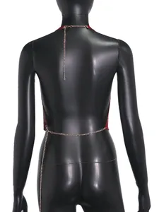 Detailed back view of sexy red sequin halter top featuring elegant gold metal chains