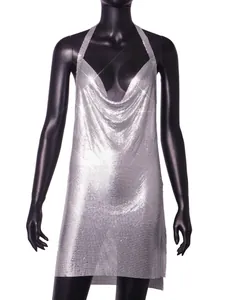Detailed view of silver metallic sequin halter mini dress for nightclub parties.