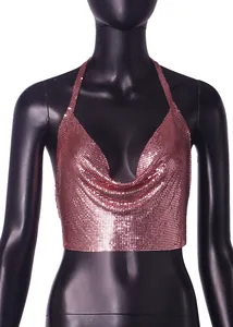 Exquisite close-up of rose gold metallic sequined halter top with elegant cowl neck