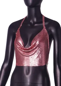 Macro detail of sexy rose gold metallic sequin halter backless top with elegant draped neck