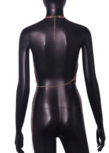 Sexy backless metallic sequin halter top featuring adjustable gold chain straps detail