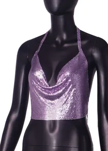 Close-up detail of sexy purple metallic sequin halter neck backless crop top for women
