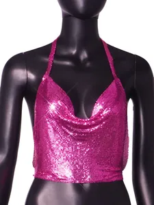 Detailed view of pink metallic sequin halter top for nightclub and party wear