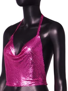 Detail shot showing the shimmering pink metallic sequins on this backless halter top