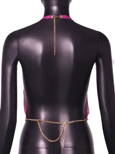 Detailed back view of a sexy magenta sequin halter top featuring adjustable gold chains