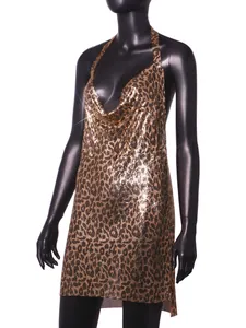 Sexy leopard print metal sequin halter mini dress with a draped neckline for parties