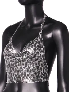 Close-up of a stylish leopard print metal sequin halter backless crop top for women