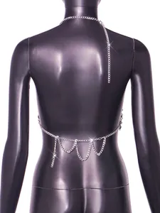 Detailed back view of handmade sexy silver body chain top with leaf pendant