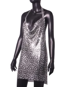 Detail of silver metallic leopard print sequined halter mini dress for party wear