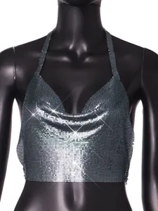 Close-up detail of shimmering silver metallic sequin halter backless top for parties