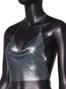 Detailed close-up view of a sexy silver metallic sequin halter crop top for clubwear