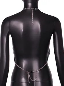Detailed back view of a sexy metallic sequin halter vest with adjustable silver chains