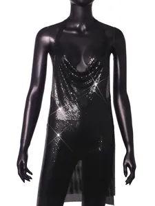 Detailed view of sparkling black metallic sequin mesh halter dress with glitter finish