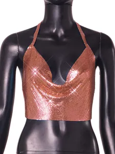 Detailed view of the rose gold metallic sequin halter top with deep V-neck nightclub style