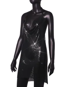 Detailed view of a sexy black metal sequin halter mini dress with shimmering effect