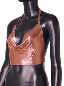 Detail view of a sexy rose gold metal sequin halter neck backless top for parties.