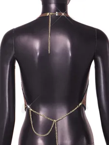 Detail of sexy metallic sequin backless halter top with gold chain straps from the back.
