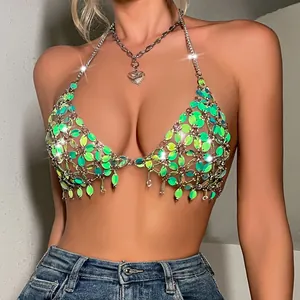 Handmade iridescent green leaf sequin halter top for sexy clubwear and festival party