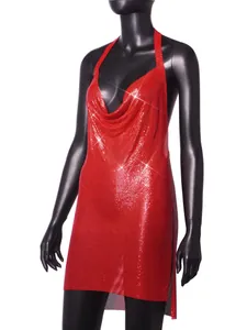 Close-up view of the sparkling red metallic mesh detail on this sexy halter dress